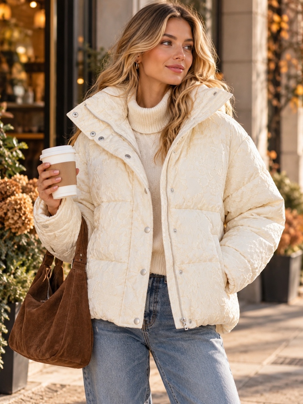 Avec Les Filles Ivory Jacquard Thermal Puff Coat/ Jacket Size Large| NWT